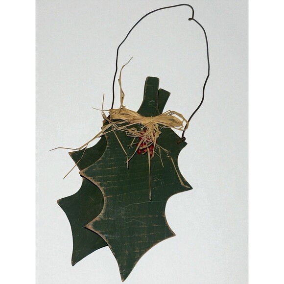 Primitive Holly Leaf Christmas Wall Hanging Rustic Wood Folk Art Decor - Picture 16 of 16
